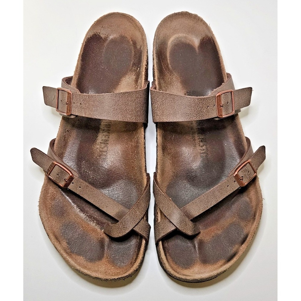 Birkenstock Mayari Size 43 Brown Flip Flop Leather Sandal Cork Wedge Heel - Picture 2 of 10